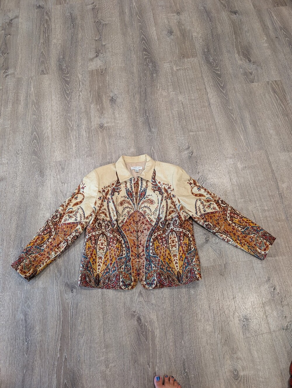 Coldwater Creek Paisley Tapestry Full Zip Jacket Petite Large Tan Boho Vintage